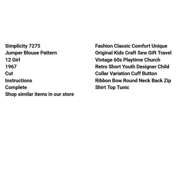 Vtg Simplicity 7275 Jumper Blouse Pattern 12 Girl 1967 Designer Child Collar Bow - Picture 3 of 6